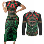 Aotearoa Ngai Tuhoe Personalised Couples Matching Short Sleeve Bodycon Dress and Long Sleeve Button Shirt Maori Iwi Poutama Puhoro Tattoo
