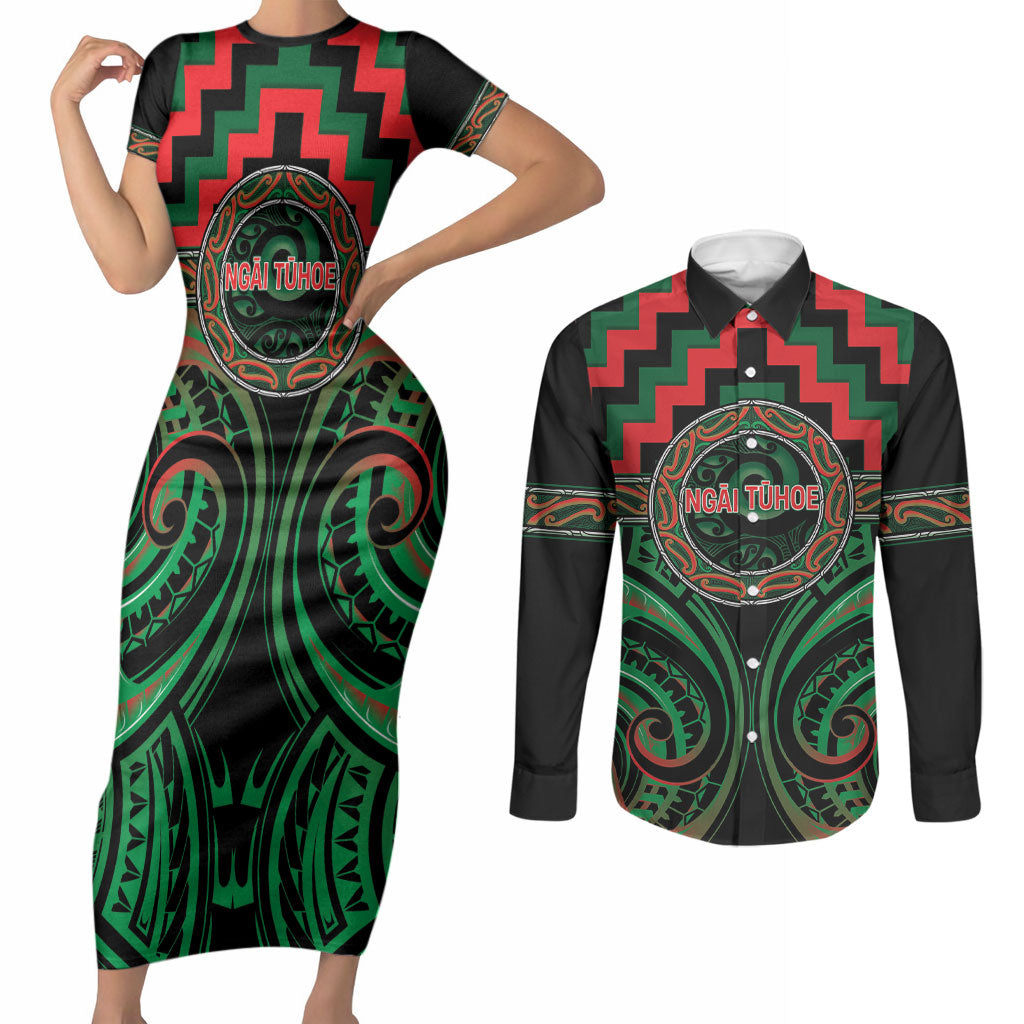 Aotearoa Ngai Tuhoe Personalised Couples Matching Short Sleeve Bodycon Dress and Long Sleeve Button Shirt Maori Iwi Poutama Puhoro Tattoo