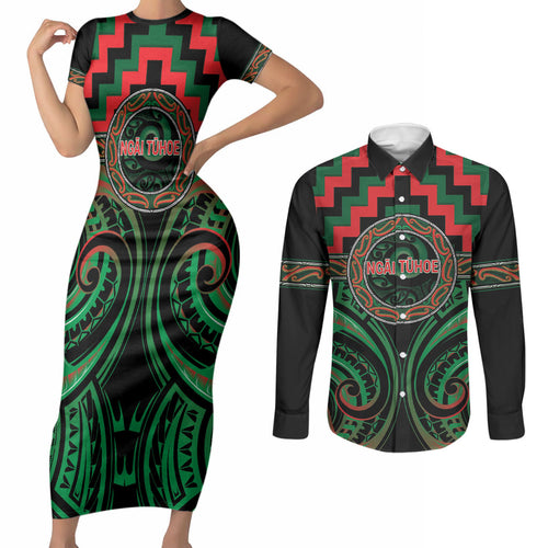 Aotearoa Ngai Tuhoe Personalised Couples Matching Short Sleeve Bodycon Dress and Long Sleeve Button Shirt Maori Iwi Poutama Puhoro Tattoo