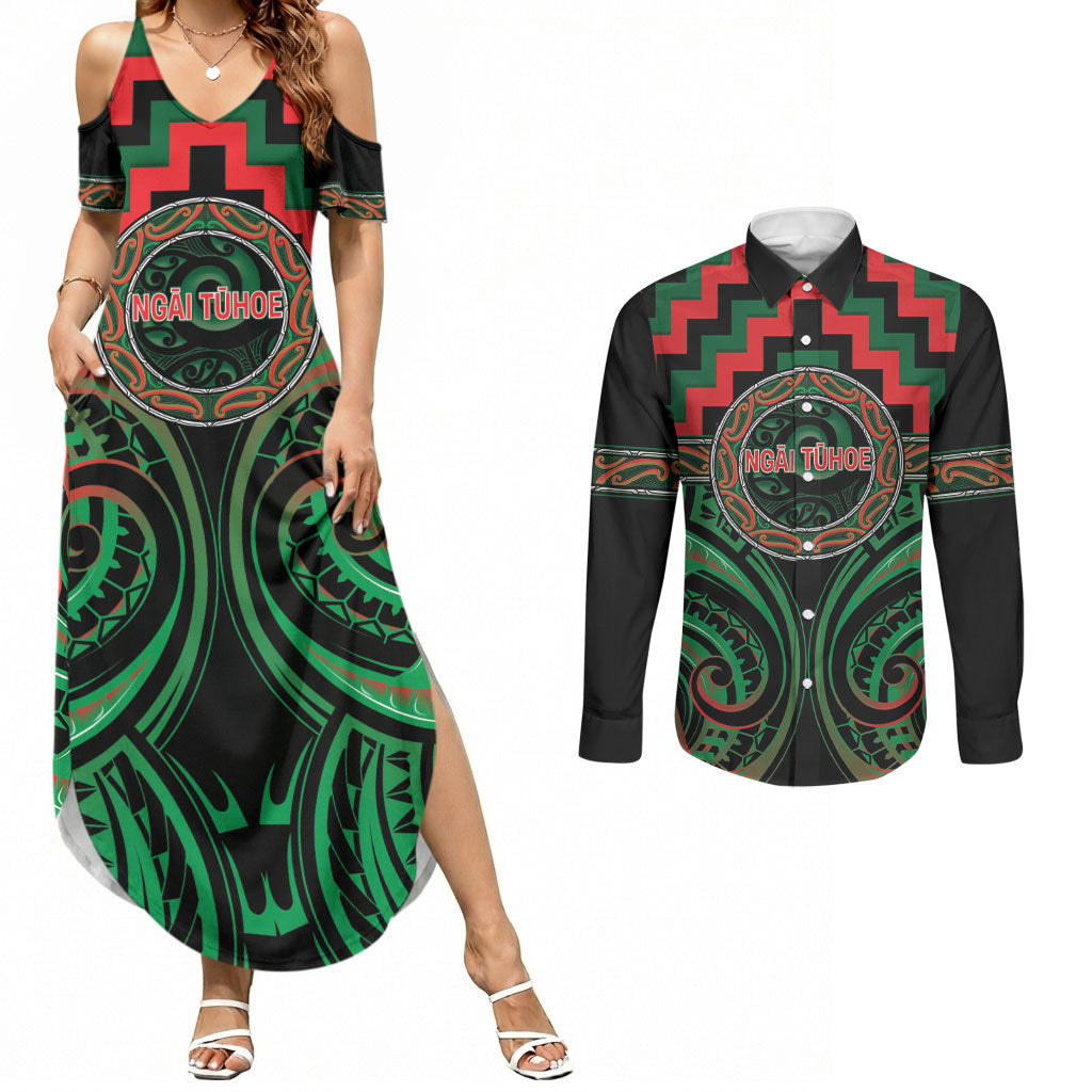 Aotearoa Ngai Tuhoe Personalised Couples Matching Summer Maxi Dress and Long Sleeve Button Shirt Maori Iwi Poutama Puhoro Tattoo