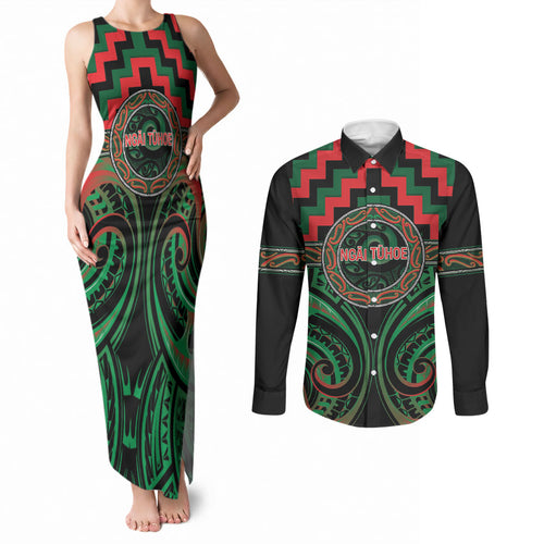 Aotearoa Ngai Tuhoe Personalised Couples Matching Tank Maxi Dress and Long Sleeve Button Shirt Maori Iwi Poutama Puhoro Tattoo