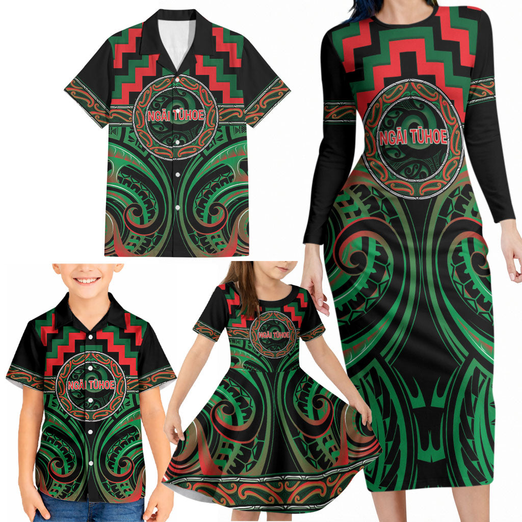 Aotearoa Ngai Tuhoe Personalised Family Matching Long Sleeve Bodycon Dress and Hawaiian Shirt Maori Iwi Poutama Puhoro Tattoo