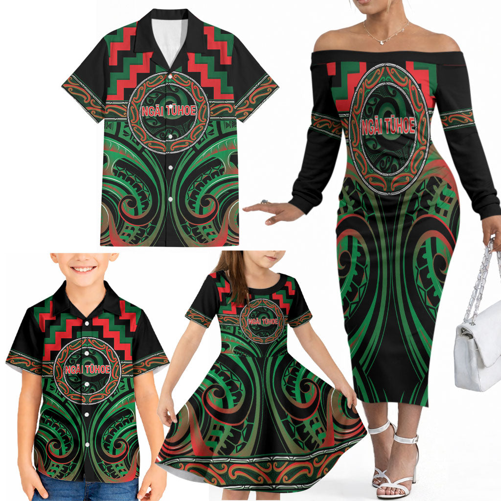 Aotearoa Ngai Tuhoe Personalised Family Matching Off The Shoulder Long Sleeve Dress and Hawaiian Shirt Maori Iwi Poutama Puhoro Tattoo