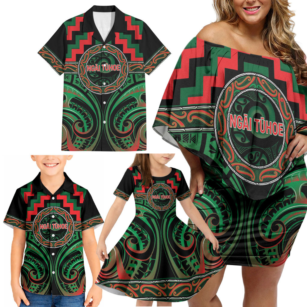 Aotearoa Ngai Tuhoe Personalised Family Matching Off Shoulder Short Dress and Hawaiian Shirt Maori Iwi Poutama Puhoro Tattoo