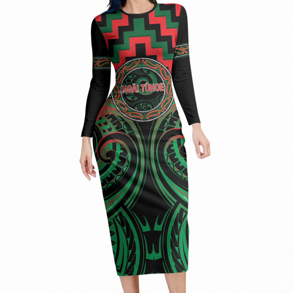 Aotearoa Ngai Tuhoe Personalised Long Sleeve Bodycon Dress Maori Iwi Poutama Puhoro Tattoo