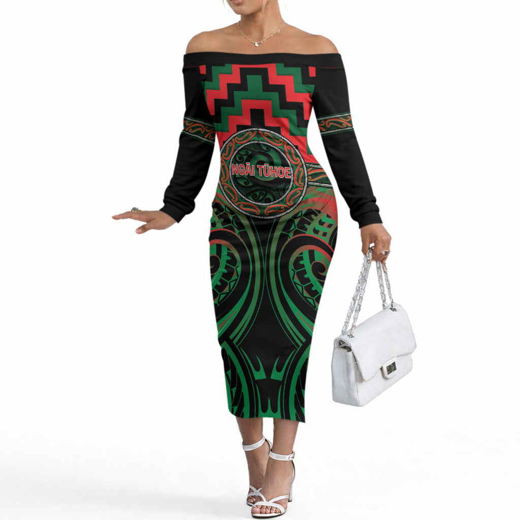 Aotearoa Ngai Tuhoe Personalised Off The Shoulder Long Sleeve Dress Maori Iwi Poutama Puhoro Tattoo