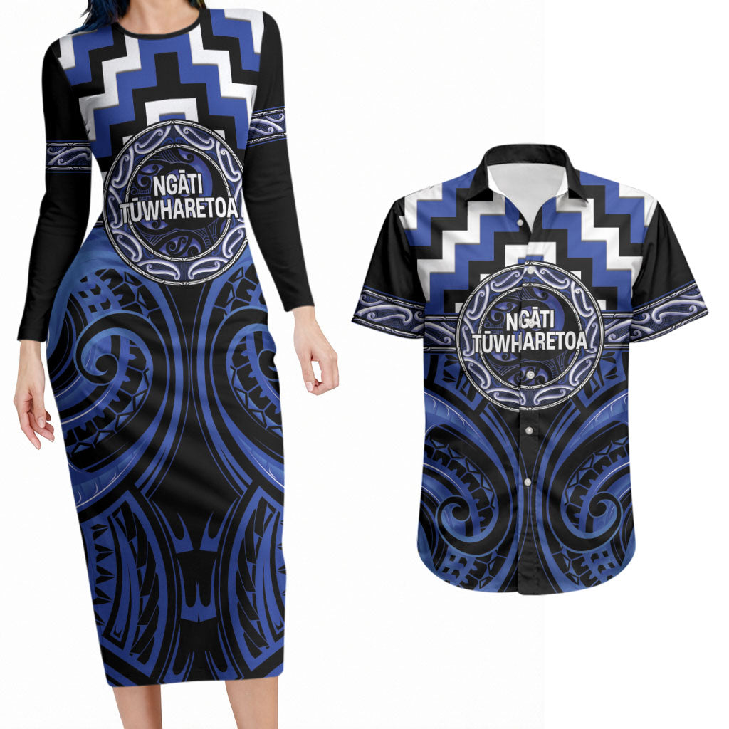 Aotearoa Ngati Tuwharetoa Personalised Couples Matching Long Sleeve Bodycon Dress and Hawaiian Shirt Maori Iwi Poutama Puhoro Tattoo