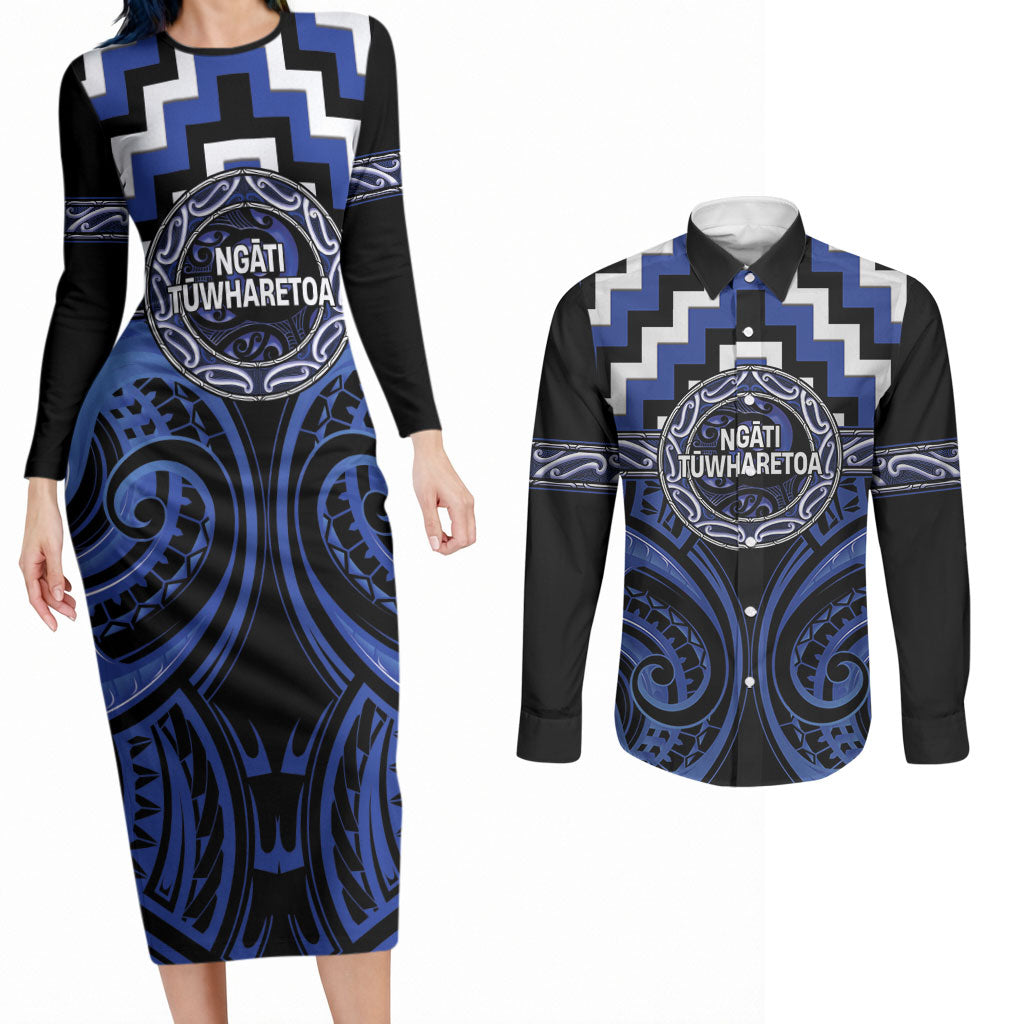 Aotearoa Ngati Tuwharetoa Personalised Couples Matching Long Sleeve Bodycon Dress and Long Sleeve Button Shirt Maori Iwi Poutama Puhoro Tattoo