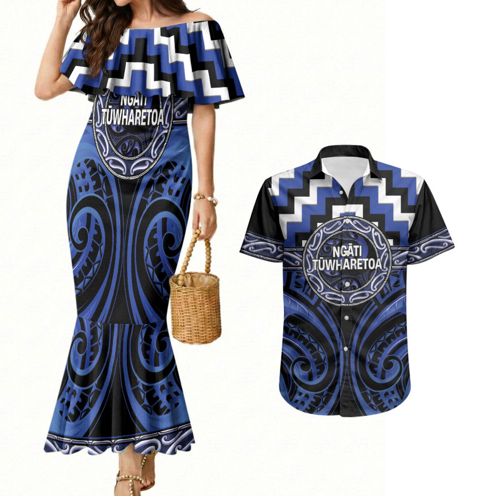 Aotearoa Ngati Tuwharetoa Personalised Couples Matching Mermaid Dress and Hawaiian Shirt Maori Iwi Poutama Puhoro Tattoo