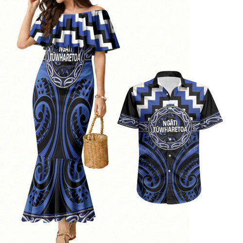 Aotearoa Ngati Tuwharetoa Personalised Couples Matching Mermaid Dress and Hawaiian Shirt Maori Iwi Poutama Puhoro Tattoo