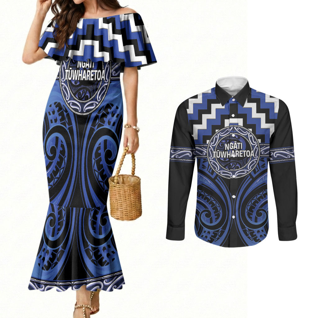 Aotearoa Ngati Tuwharetoa Personalised Couples Matching Mermaid Dress and Long Sleeve Button Shirt Maori Iwi Poutama Puhoro Tattoo