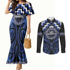Aotearoa Ngati Tuwharetoa Personalised Couples Matching Mermaid Dress and Long Sleeve Button Shirt Maori Iwi Poutama Puhoro Tattoo