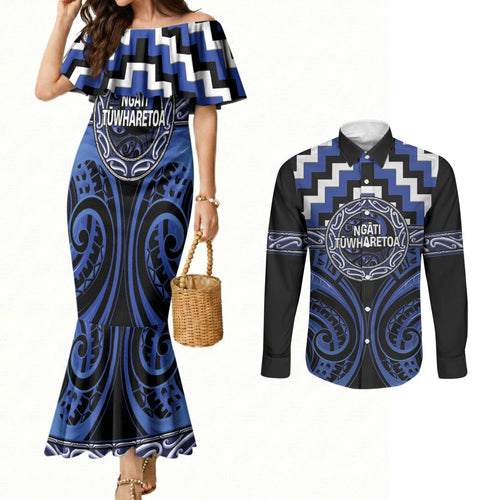 Aotearoa Ngati Tuwharetoa Personalised Couples Matching Mermaid Dress and Long Sleeve Button Shirt Maori Iwi Poutama Puhoro Tattoo