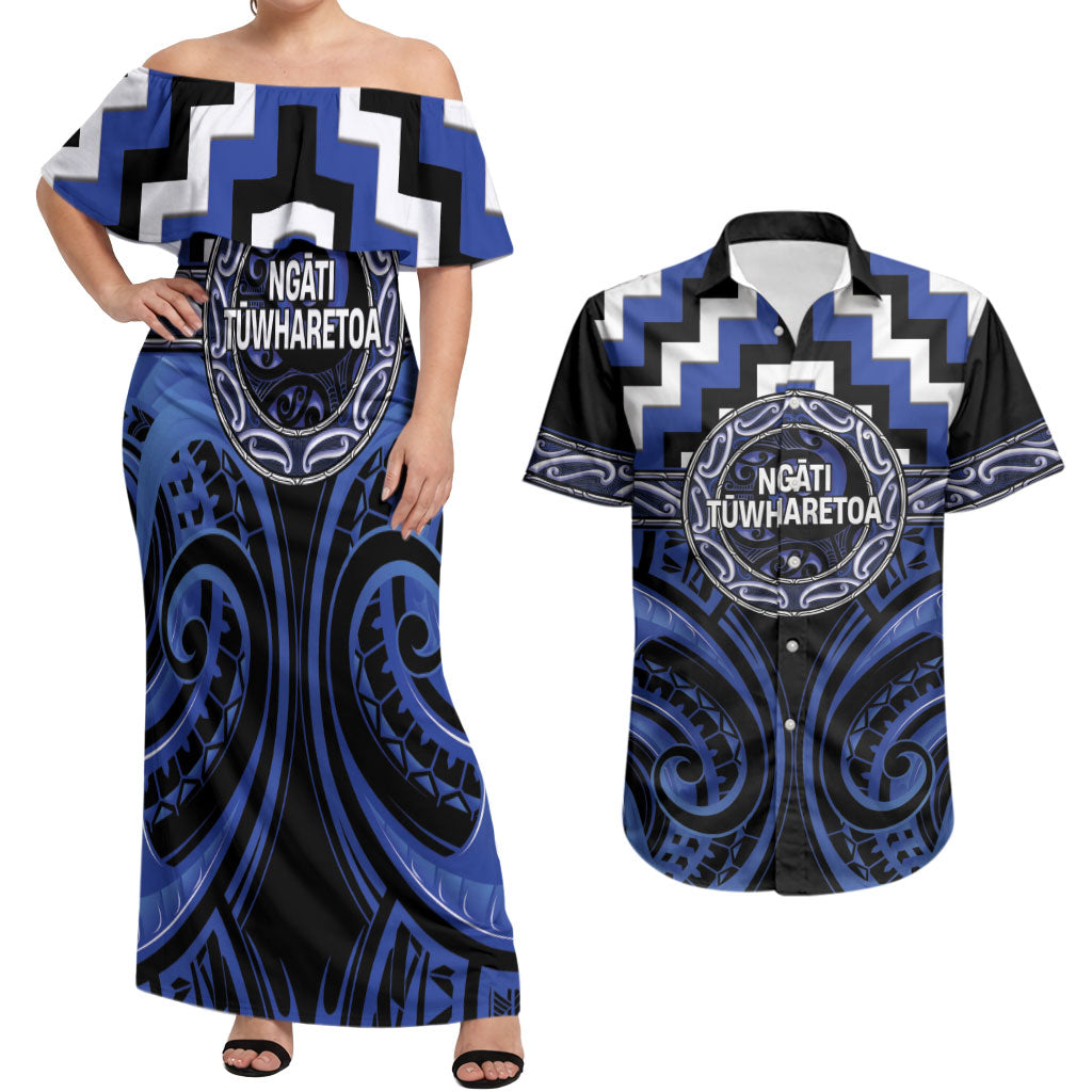 Aotearoa Ngati Tuwharetoa Personalised Couples Matching Off Shoulder Maxi Dress and Hawaiian Shirt Maori Iwi Poutama Puhoro Tattoo