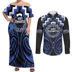 Aotearoa Ngati Tuwharetoa Personalised Couples Matching Off Shoulder Maxi Dress and Long Sleeve Button Shirt Maori Iwi Poutama Puhoro Tattoo