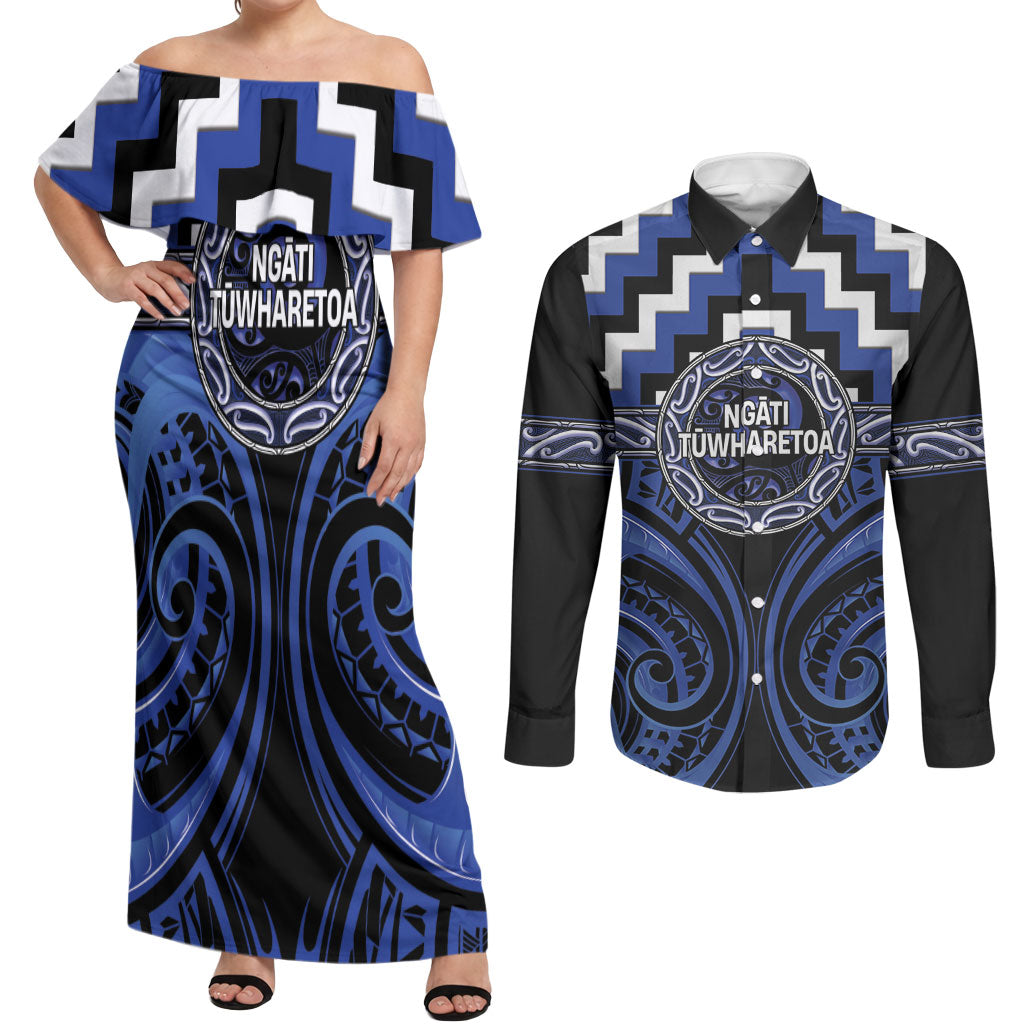 Aotearoa Ngati Tuwharetoa Personalised Couples Matching Off Shoulder Maxi Dress and Long Sleeve Button Shirt Maori Iwi Poutama Puhoro Tattoo