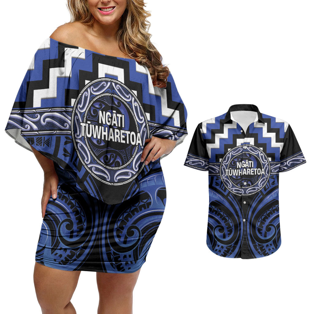 Aotearoa Ngati Tuwharetoa Personalised Couples Matching Off Shoulder Short Dress and Hawaiian Shirt Maori Iwi Poutama Puhoro Tattoo