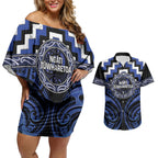 Aotearoa Ngati Tuwharetoa Personalised Couples Matching Off Shoulder Short Dress and Hawaiian Shirt Maori Iwi Poutama Puhoro Tattoo