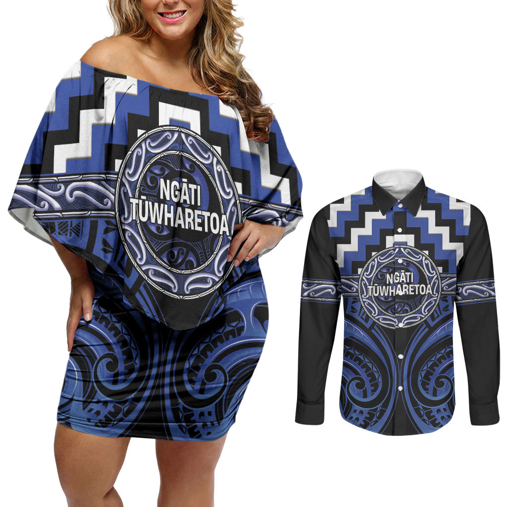 Aotearoa Ngati Tuwharetoa Personalised Couples Matching Off Shoulder Short Dress and Long Sleeve Button Shirt Maori Iwi Poutama Puhoro Tattoo