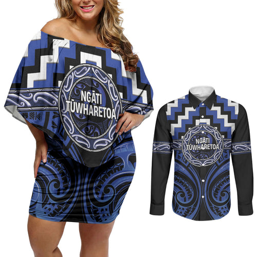 Aotearoa Ngati Tuwharetoa Personalised Couples Matching Off Shoulder Short Dress and Long Sleeve Button Shirt Maori Iwi Poutama Puhoro Tattoo