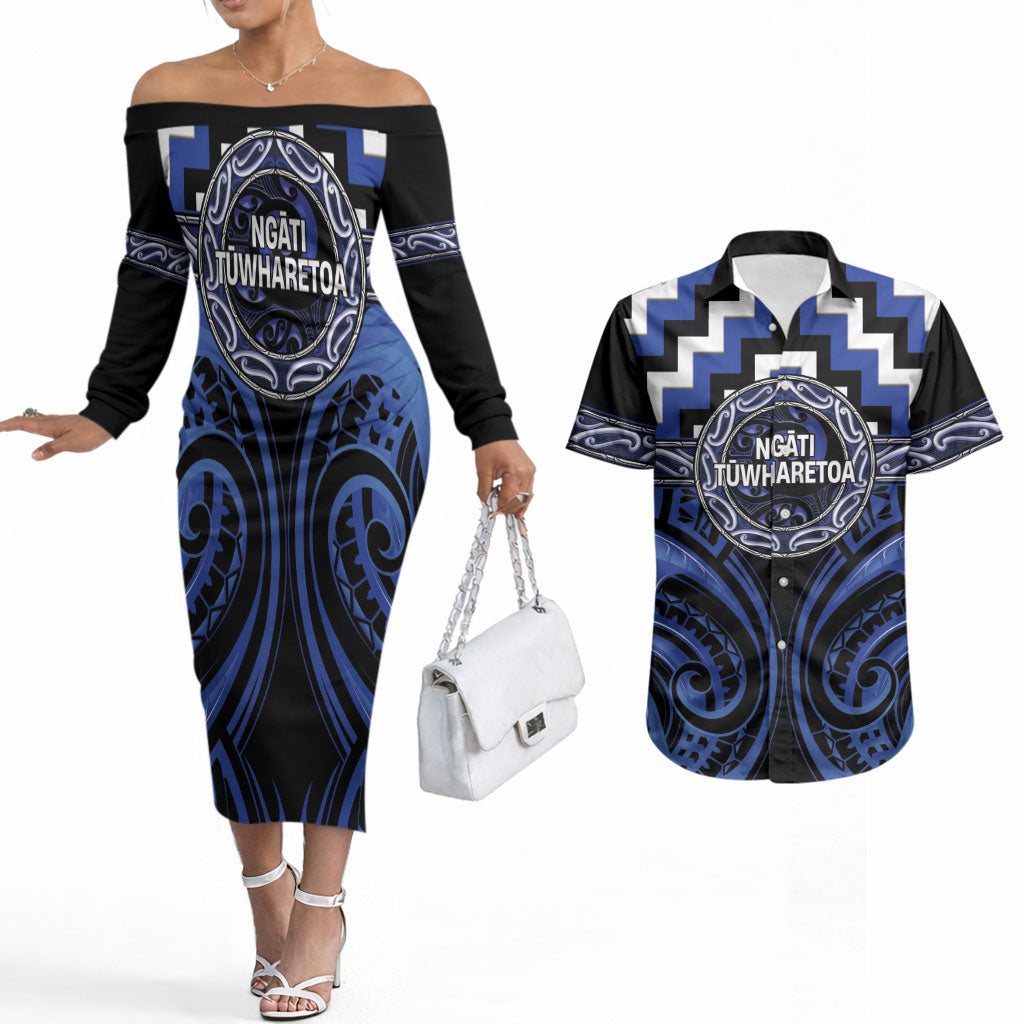 Aotearoa Ngati Tuwharetoa Personalised Couples Matching Off The Shoulder Long Sleeve Dress and Hawaiian Shirt Maori Iwi Poutama Puhoro Tattoo