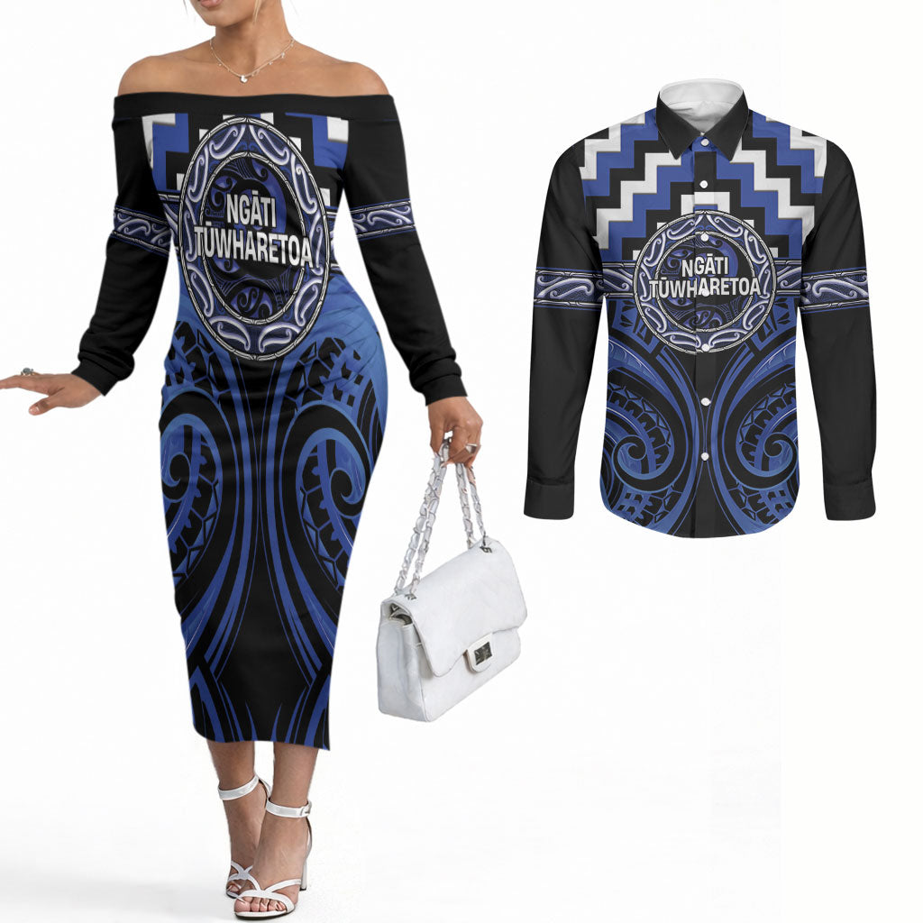 Aotearoa Ngati Tuwharetoa Personalised Couples Matching Off The Shoulder Long Sleeve Dress and Long Sleeve Button Shirt Maori Iwi Poutama Puhoro Tattoo