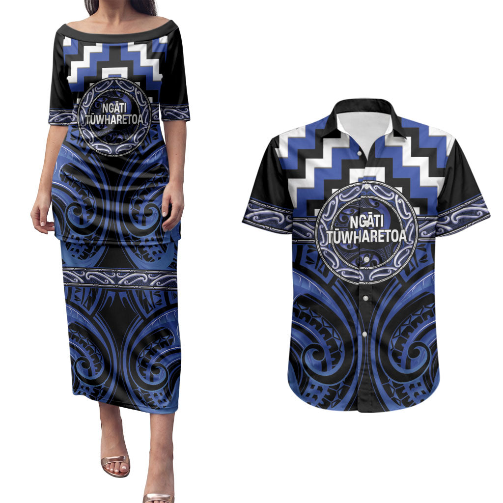 Aotearoa Ngati Tuwharetoa Personalised Couples Matching Puletasi and Hawaiian Shirt Maori Iwi Poutama Puhoro Tattoo
