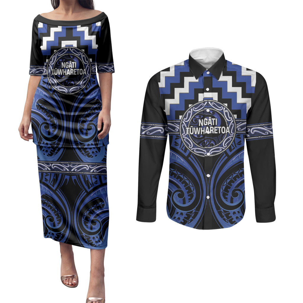 Aotearoa Ngati Tuwharetoa Personalised Couples Matching Puletasi and Long Sleeve Button Shirt Maori Iwi Poutama Puhoro Tattoo