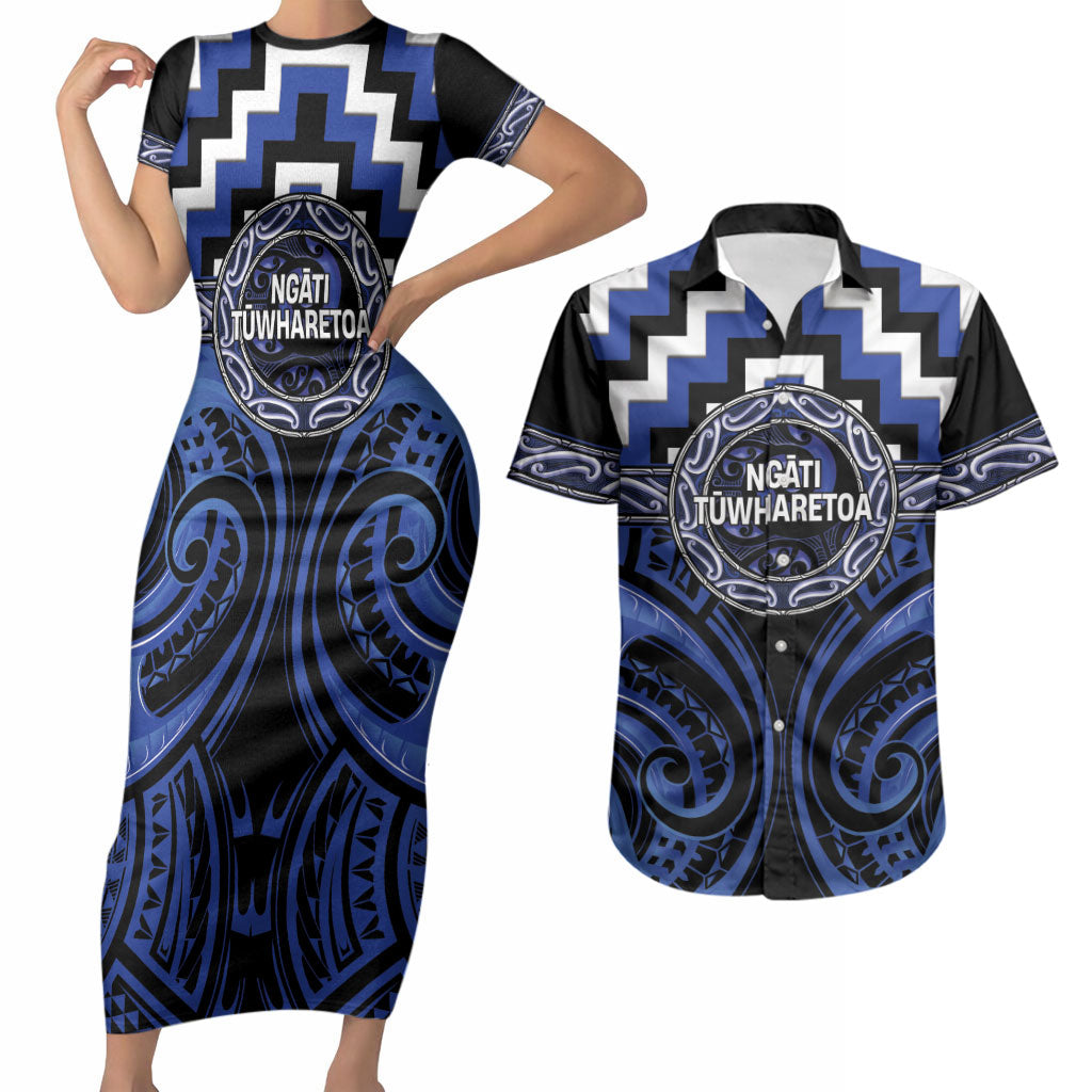 Aotearoa Ngati Tuwharetoa Personalised Couples Matching Short Sleeve Bodycon Dress and Hawaiian Shirt Maori Iwi Poutama Puhoro Tattoo