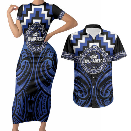 Aotearoa Ngati Tuwharetoa Personalised Couples Matching Short Sleeve Bodycon Dress and Hawaiian Shirt Maori Iwi Poutama Puhoro Tattoo
