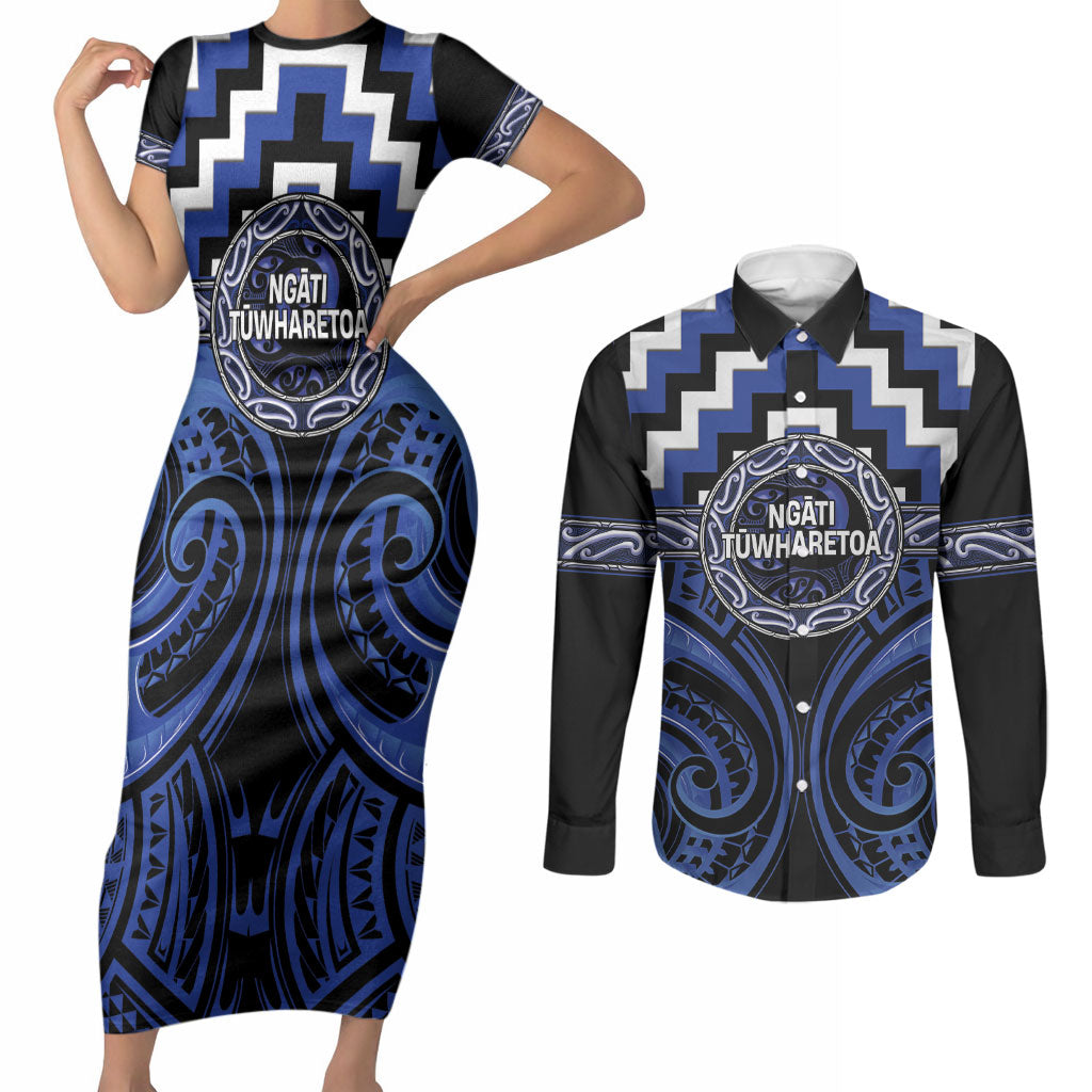 Aotearoa Ngati Tuwharetoa Personalised Couples Matching Short Sleeve Bodycon Dress and Long Sleeve Button Shirt Maori Iwi Poutama Puhoro Tattoo