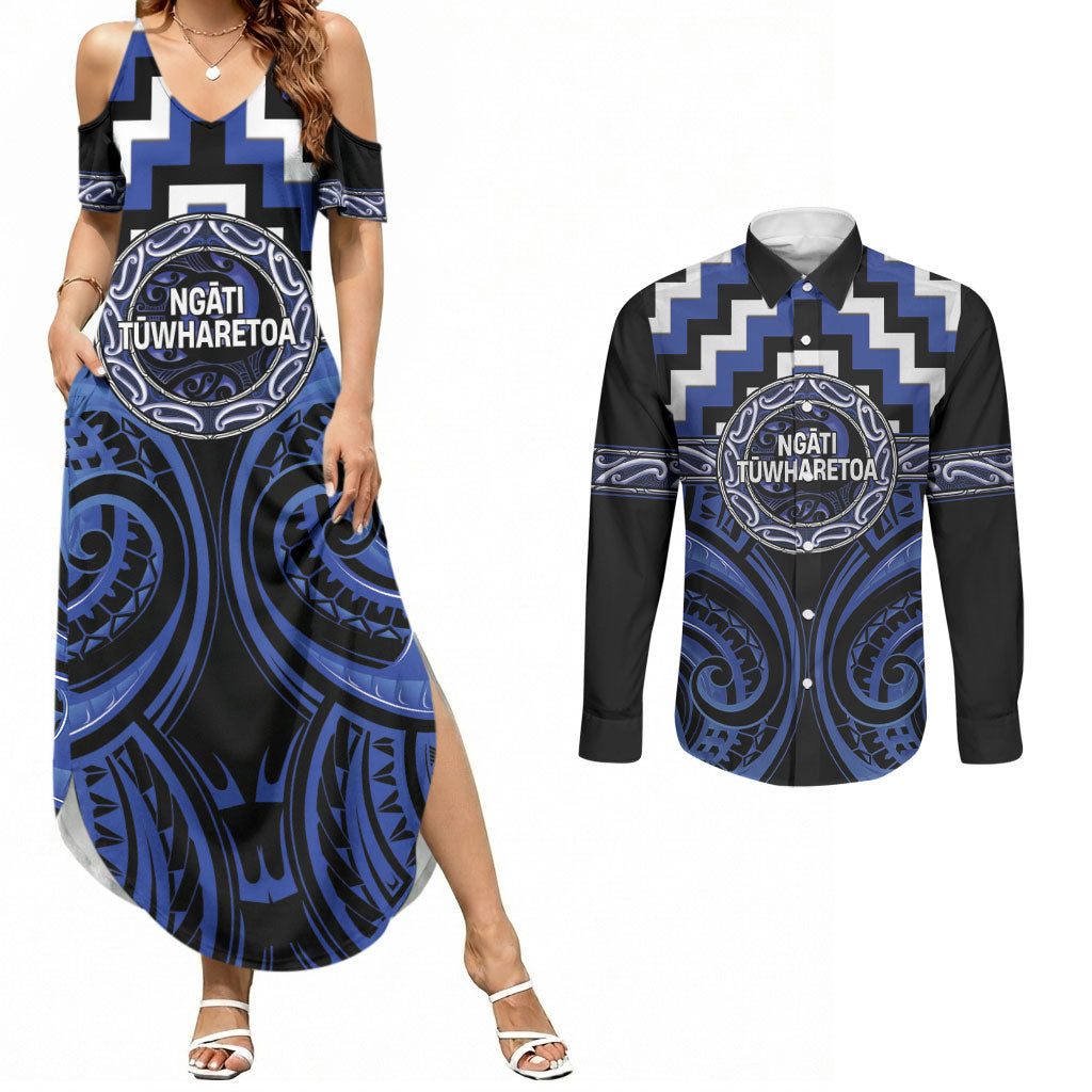 Aotearoa Ngati Tuwharetoa Personalised Couples Matching Summer Maxi Dress and Long Sleeve Button Shirt Maori Iwi Poutama Puhoro Tattoo