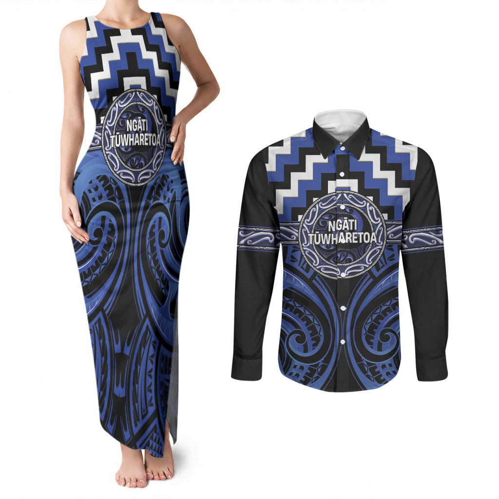 Aotearoa Ngati Tuwharetoa Personalised Couples Matching Tank Maxi Dress and Long Sleeve Button Shirt Maori Iwi Poutama Puhoro Tattoo