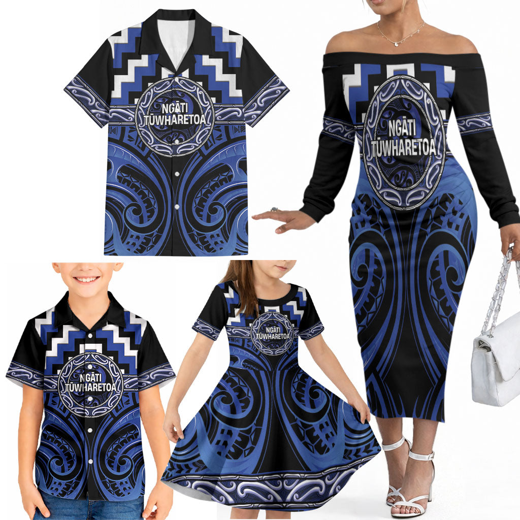 Aotearoa Ngati Tuwharetoa Personalised Family Matching Off The Shoulder Long Sleeve Dress and Hawaiian Shirt Maori Iwi Poutama Puhoro Tattoo