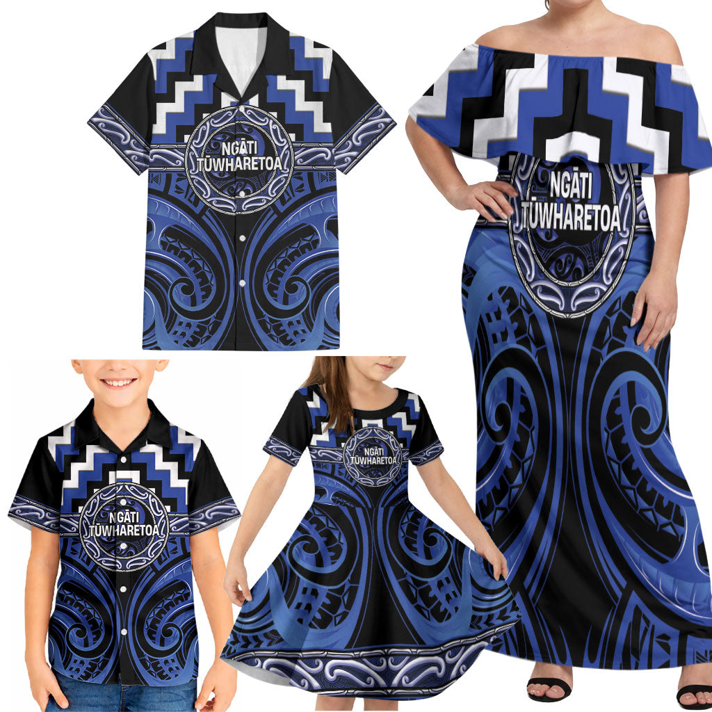 Aotearoa Ngati Tuwharetoa Personalised Family Matching Off Shoulder Maxi Dress and Hawaiian Shirt Maori Iwi Poutama Puhoro Tattoo