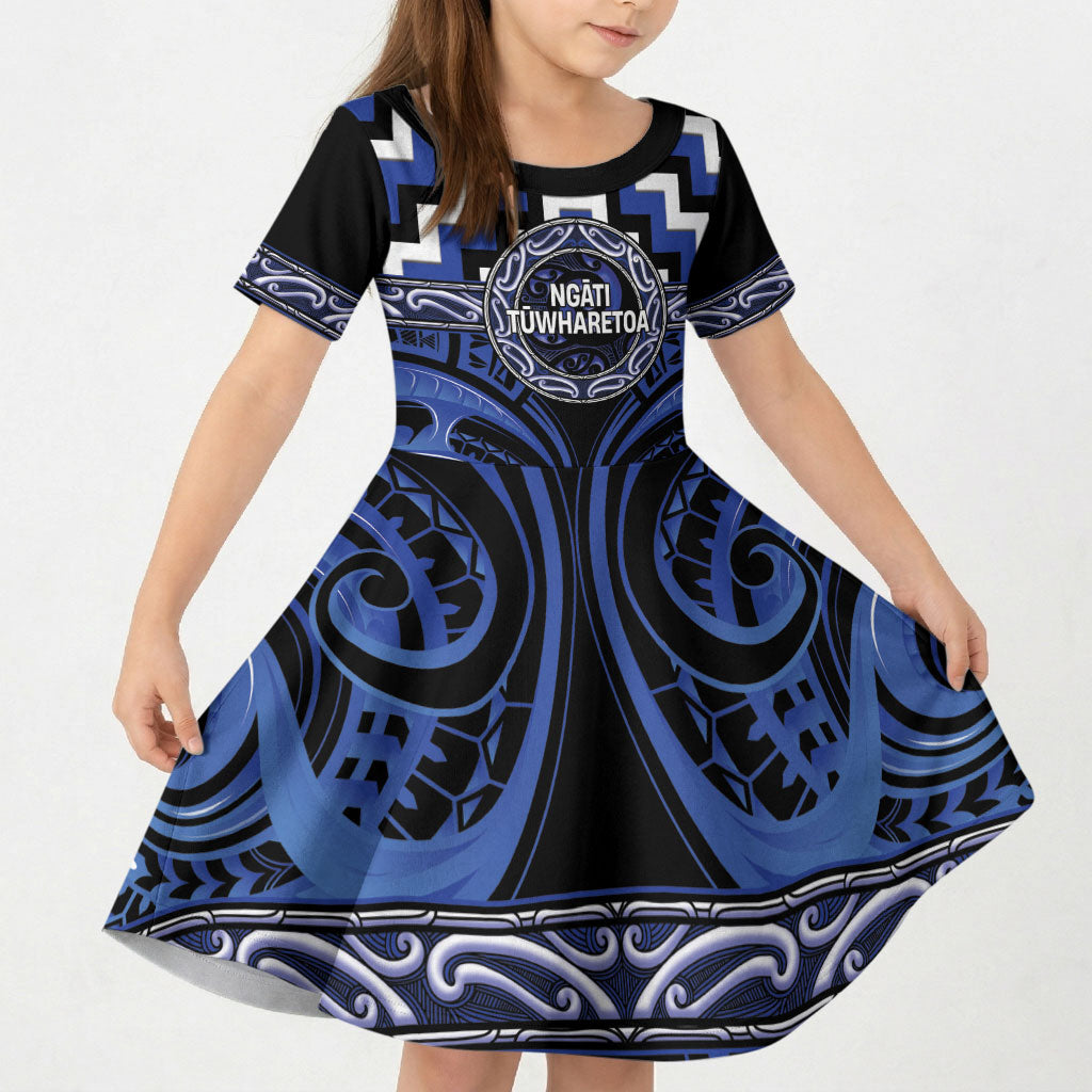 Aotearoa Ngati Tuwharetoa Personalised Kid Short Sleeve Dress Maori Iwi Poutama Puhoro Tattoo