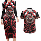 Aotearoa Te Arawa Personalised Couples Matching Long Sleeve Bodycon Dress and Hawaiian Shirt Maori Iwi Poutama Puhoro Tattoo