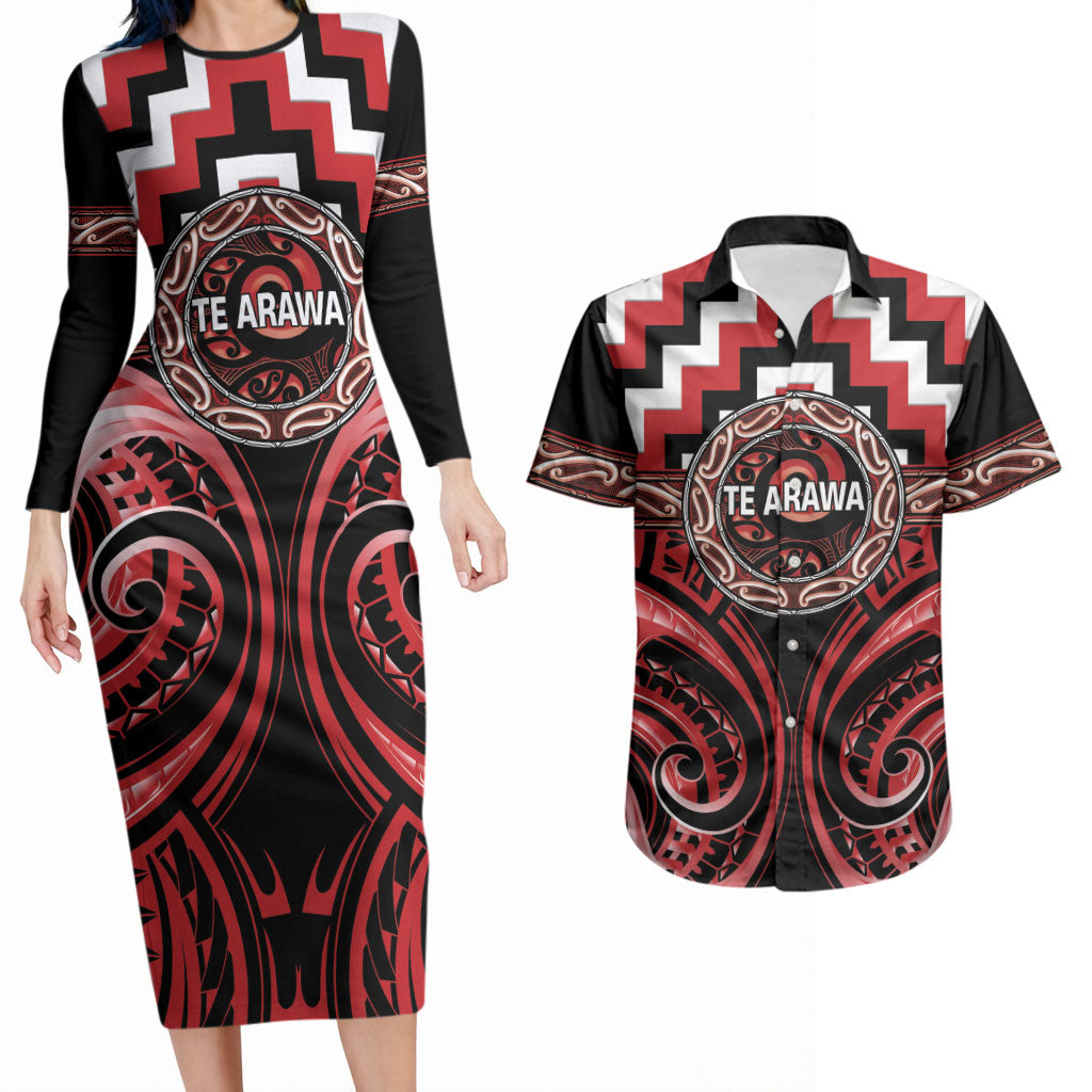 Aotearoa Te Arawa Personalised Couples Matching Long Sleeve Bodycon Dress and Hawaiian Shirt Maori Iwi Poutama Puhoro Tattoo