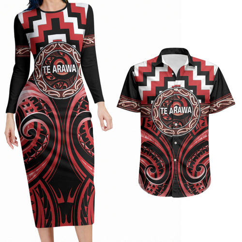 Aotearoa Te Arawa Personalised Couples Matching Long Sleeve Bodycon Dress and Hawaiian Shirt Maori Iwi Poutama Puhoro Tattoo