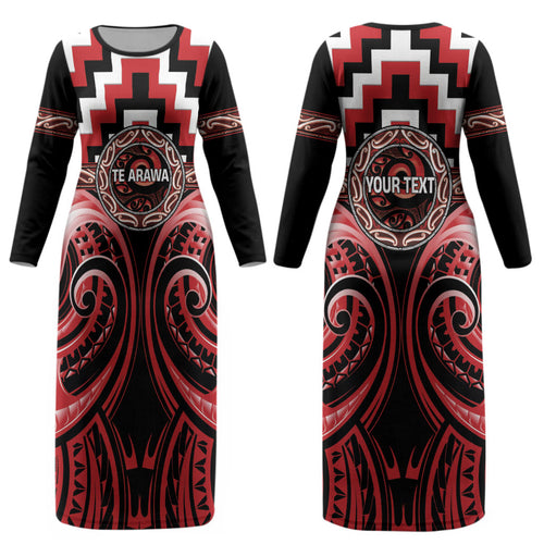 Aotearoa Te Arawa Personalised Couples Matching Long Sleeve Bodycon Dress and Hawaiian Shirt Maori Iwi Poutama Puhoro Tattoo