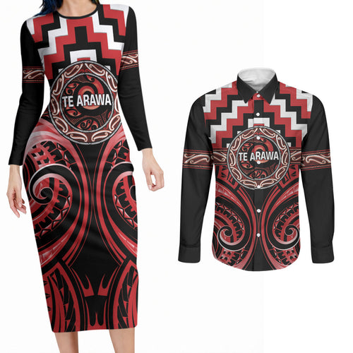 Aotearoa Te Arawa Personalised Couples Matching Long Sleeve Bodycon Dress and Long Sleeve Button Shirt Maori Iwi Poutama Puhoro Tattoo