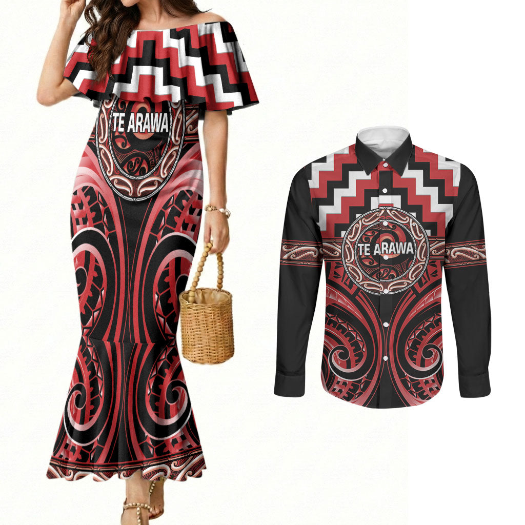 Aotearoa Te Arawa Personalised Couples Matching Mermaid Dress and Long Sleeve Button Shirt Maori Iwi Poutama Puhoro Tattoo