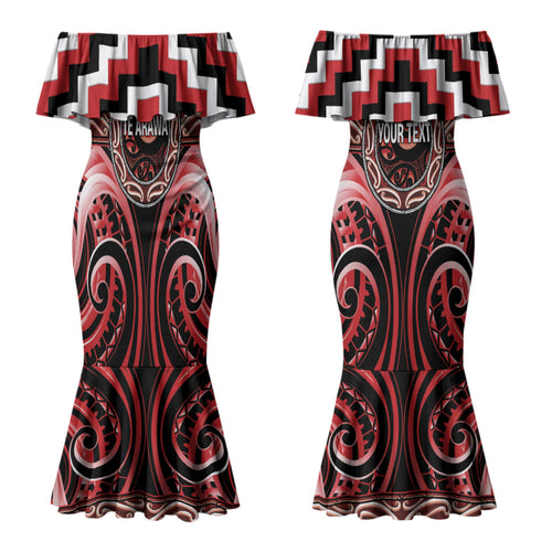 Aotearoa Te Arawa Personalised Couples Matching Mermaid Dress and Long Sleeve Button Shirt Maori Iwi Poutama Puhoro Tattoo