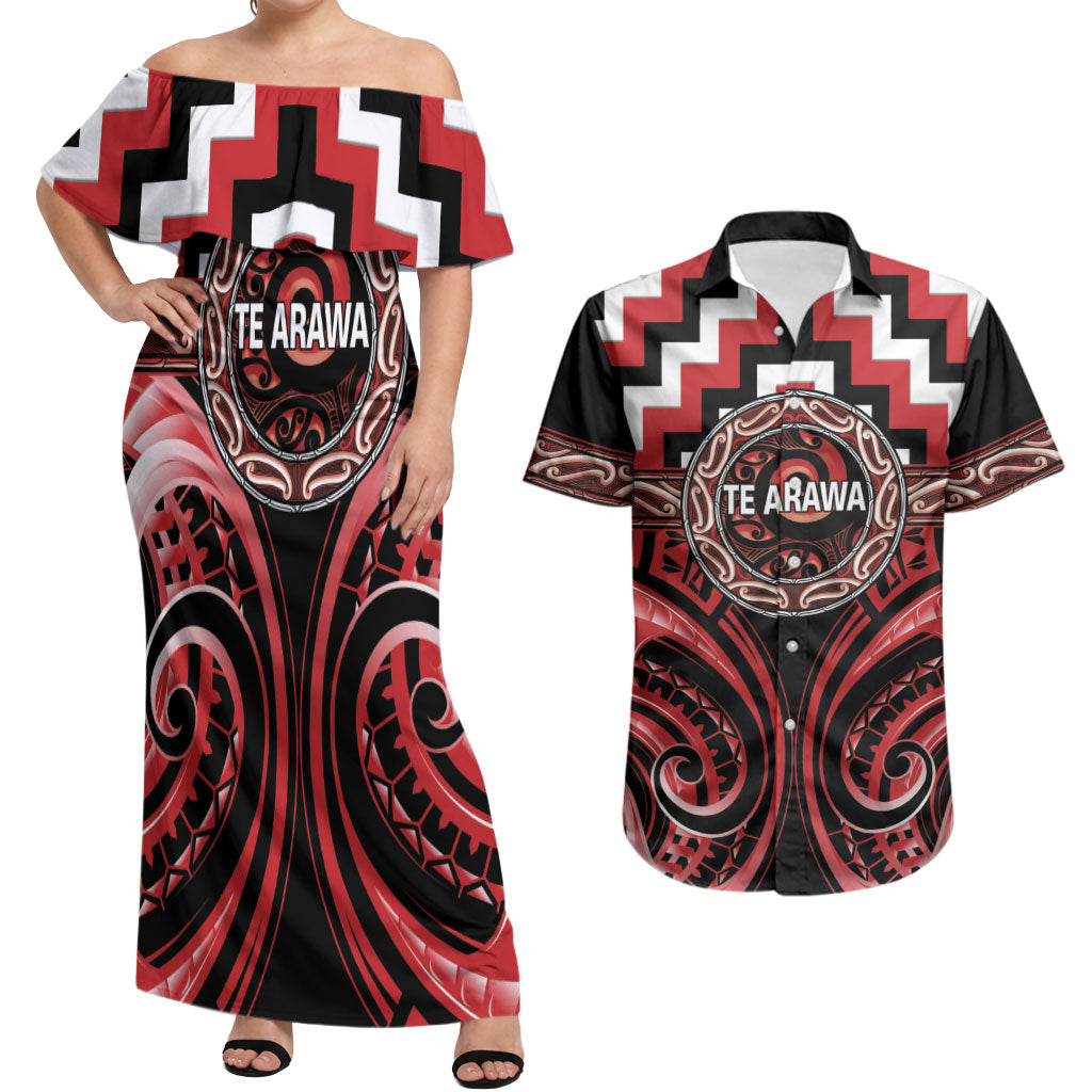 Aotearoa Te Arawa Personalised Couples Matching Off Shoulder Maxi Dress and Hawaiian Shirt Maori Iwi Poutama Puhoro Tattoo