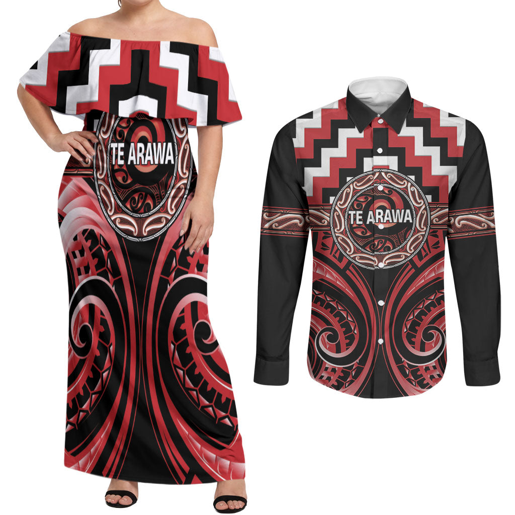 Aotearoa Te Arawa Personalised Couples Matching Off Shoulder Maxi Dress and Long Sleeve Button Shirt Maori Iwi Poutama Puhoro Tattoo