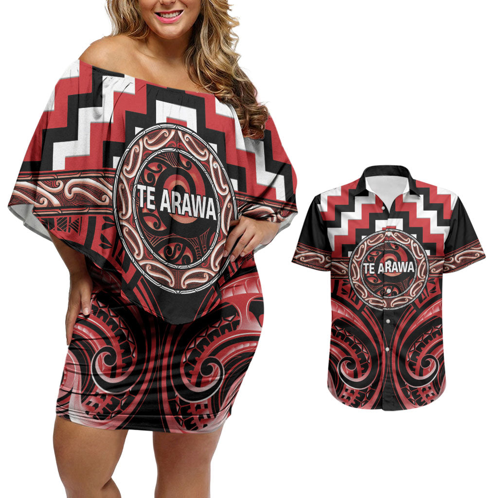 Aotearoa Te Arawa Personalised Couples Matching Off Shoulder Short Dress and Hawaiian Shirt Maori Iwi Poutama Puhoro Tattoo