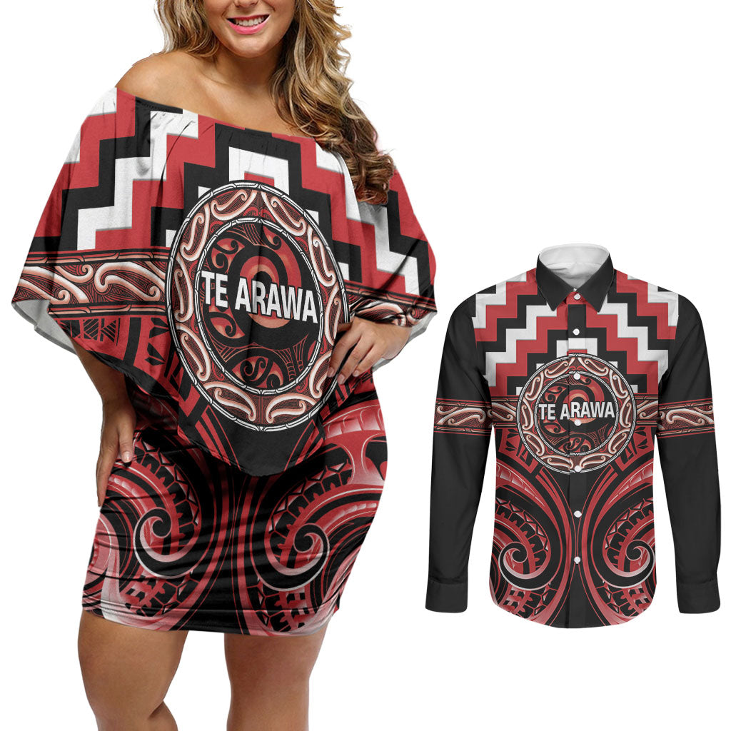 Aotearoa Te Arawa Personalised Couples Matching Off Shoulder Short Dress and Long Sleeve Button Shirt Maori Iwi Poutama Puhoro Tattoo