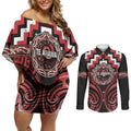 Aotearoa Te Arawa Personalised Couples Matching Off Shoulder Short Dress and Long Sleeve Button Shirt Maori Iwi Poutama Puhoro Tattoo