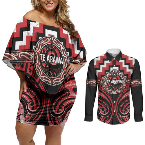 Aotearoa Te Arawa Personalised Couples Matching Off Shoulder Short Dress and Long Sleeve Button Shirt Maori Iwi Poutama Puhoro Tattoo