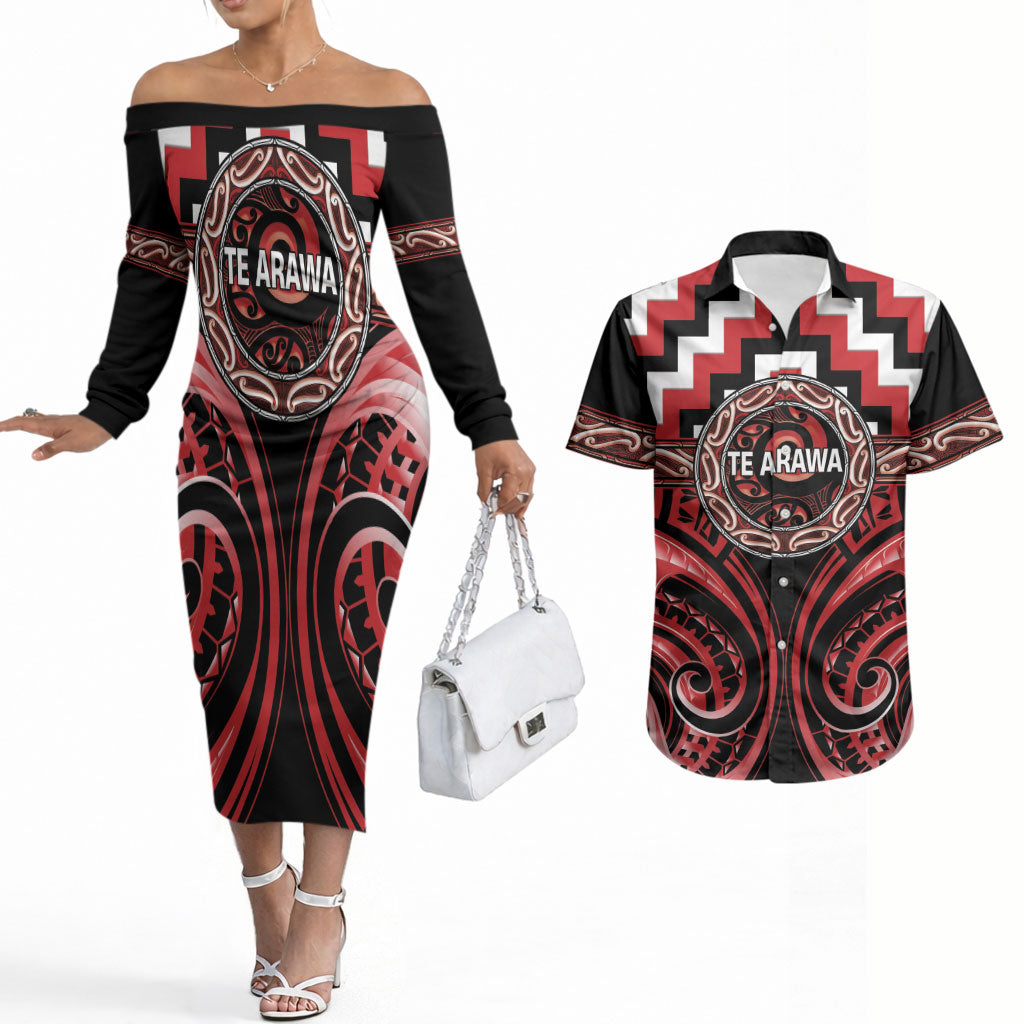 Aotearoa Te Arawa Personalised Couples Matching Off The Shoulder Long Sleeve Dress and Hawaiian Shirt Maori Iwi Poutama Puhoro Tattoo